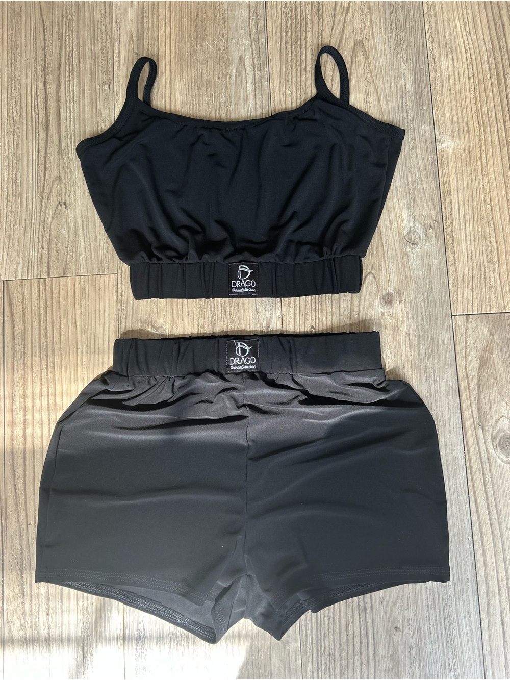 Drago Dance Collection Black spaghetti- strap Crop Top loos-fit Shorts Set.XS/S